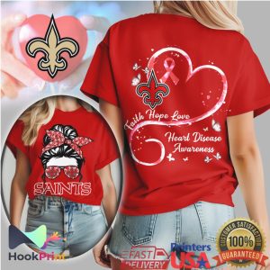 New Orleans Saints Messy Bun Heart Disease Awareness Faith Hope Love Red T Shirt