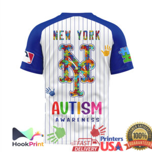 New York Mets Autism Awareness Puzzle Pattern Colorful Handprints Pinstripe Baseball Fans Men Women T Shirt