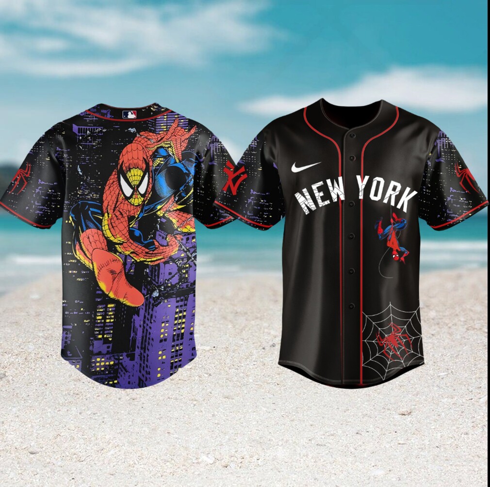 New York Yankees Spider Man Midnight City Black Baseball Jersey New York Yankees Spider Man Midnight City Black Baseball Jersey