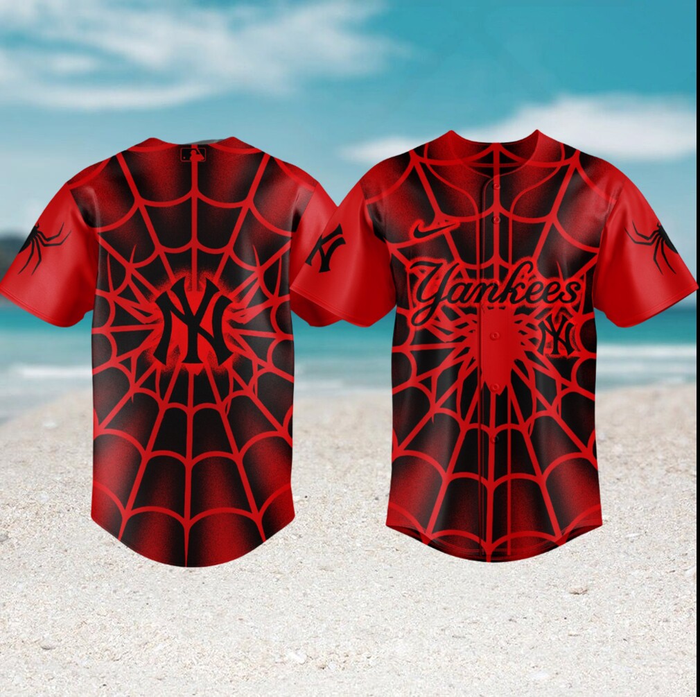New York Yankees Spider Web Red & Black Graphic Baseball Jersey New York Yankees Spider Web Red & Black Graphic Baseball Jersey