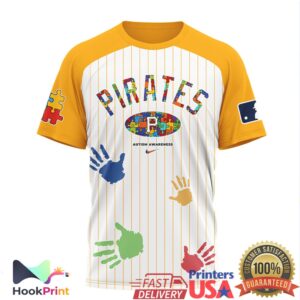Pittsburgh Pirates Autism Awareness Puzzle Pattern Colorful Handprints Pinstripe Baseball Fans Men Women T Shirt