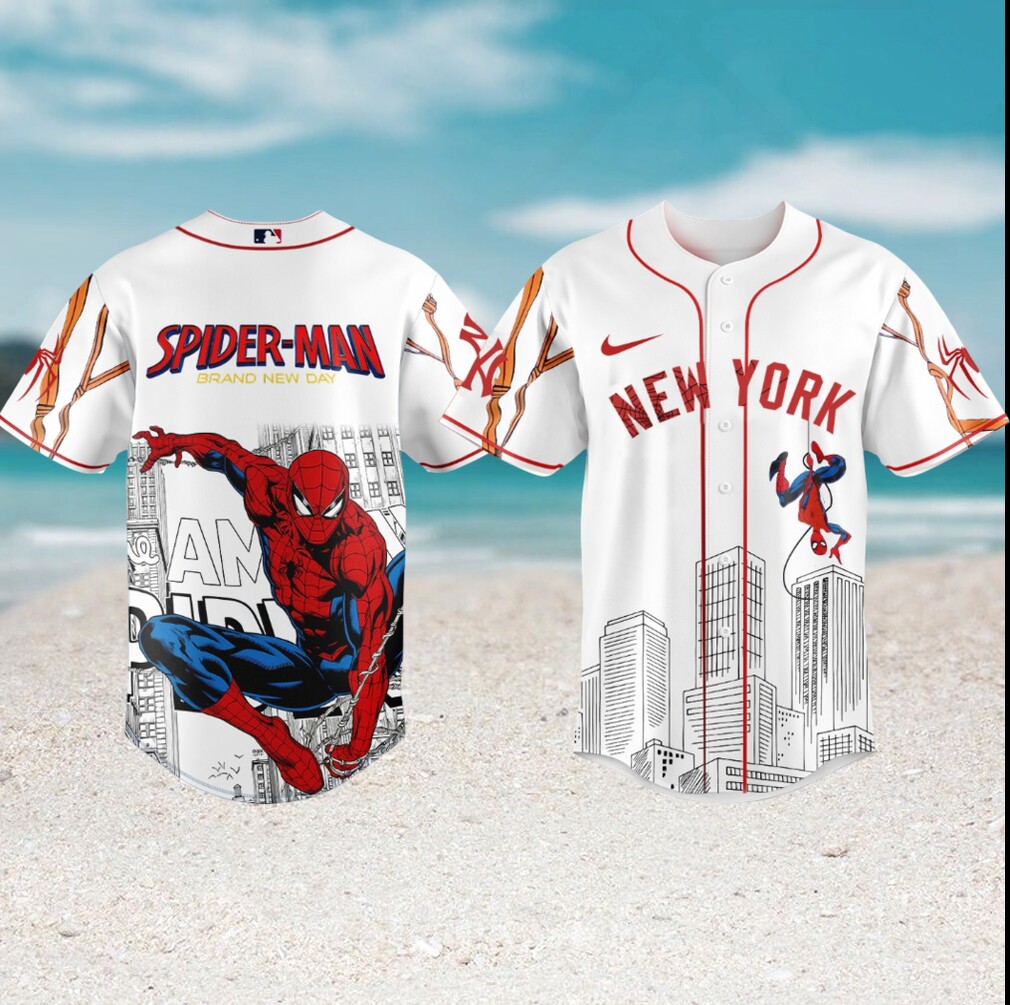 Spider Man New York Yankees MLB Baseball City Skyline Brand New Day Jersey Spider Man New York Yankees MLB Baseball City Skyline Brand New Day Jersey