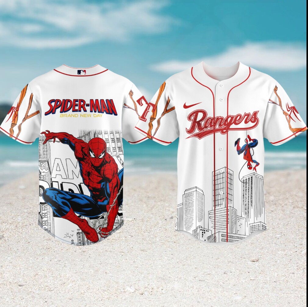 Spider Man Texas Rangers MLB Baseball City Skyline Brand New Day Jersey Spider Man Texas Rangers MLB Baseball City Skyline Brand New Day Jersey