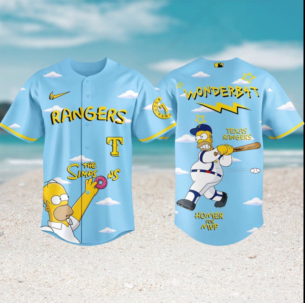 Texas Rangers Homer Simpson Wonderbat Sky Blue Baseball Jersey Texas Rangers Homer Simpson Wonderbat Sky Blue Baseball Jersey