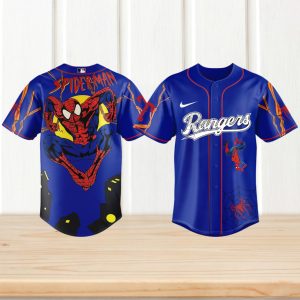 Texas Rangers Spider Man City Skyline Blue Baseball Jersey