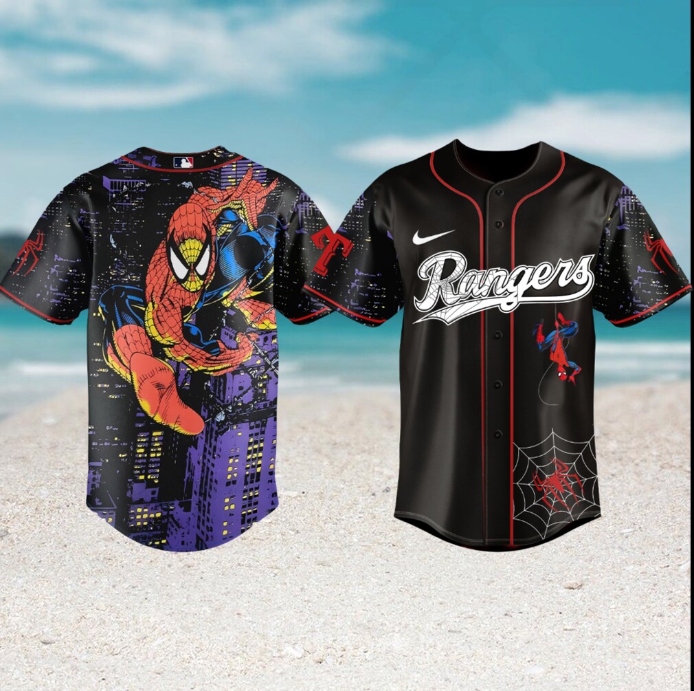 Texas Rangers Spider Man Midnight City Black Baseball Jersey Texas Rangers Spider Man Midnight City Black Baseball Jersey