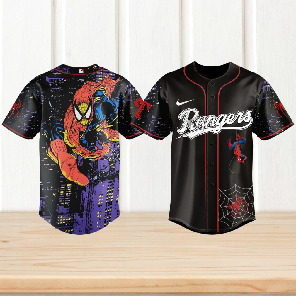Texas Rangers Spider Man Midnight City Black Baseball Jersey Texas Rangers Spider Man Midnight City Black Baseball Jersey