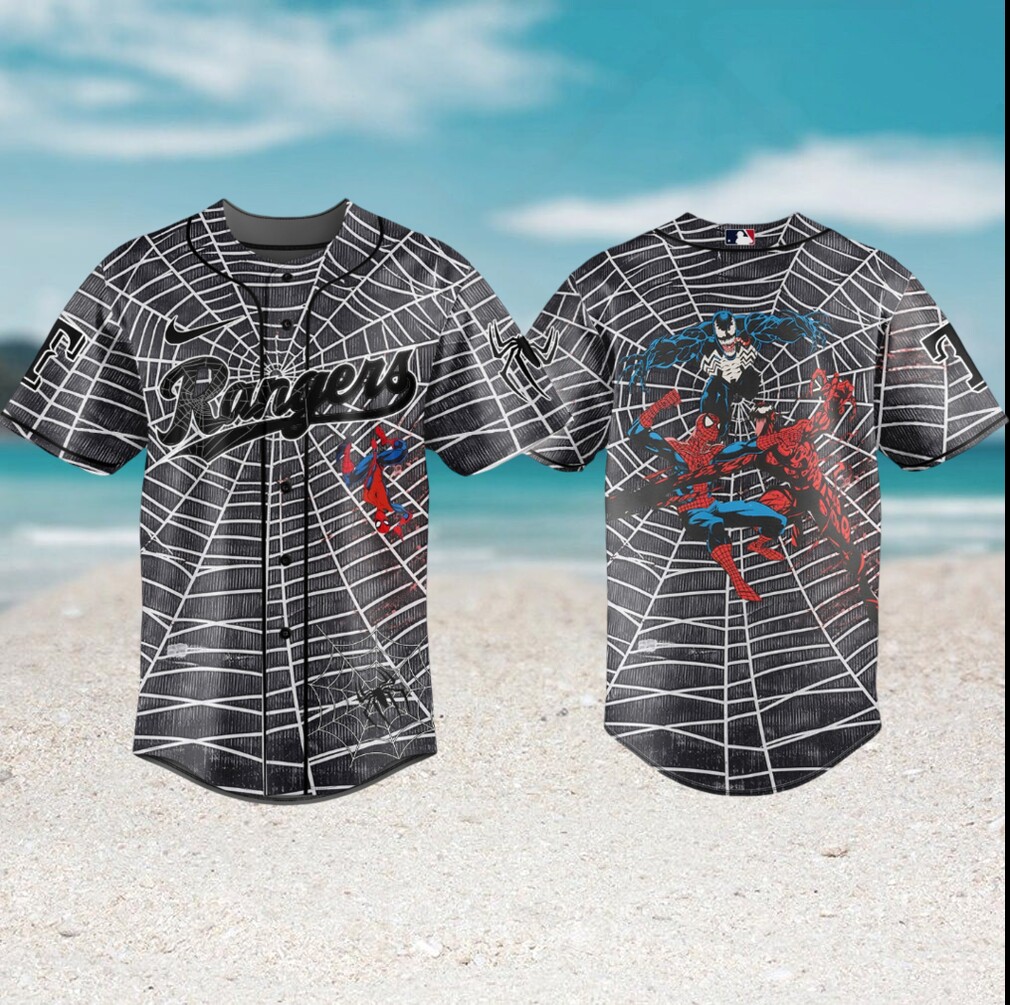 Texas Rangers Spider Man vs Venom Symbiote Black Baseball Jersey Texas Rangers Spider Man vs Venom Symbiote Black Baseball Jersey