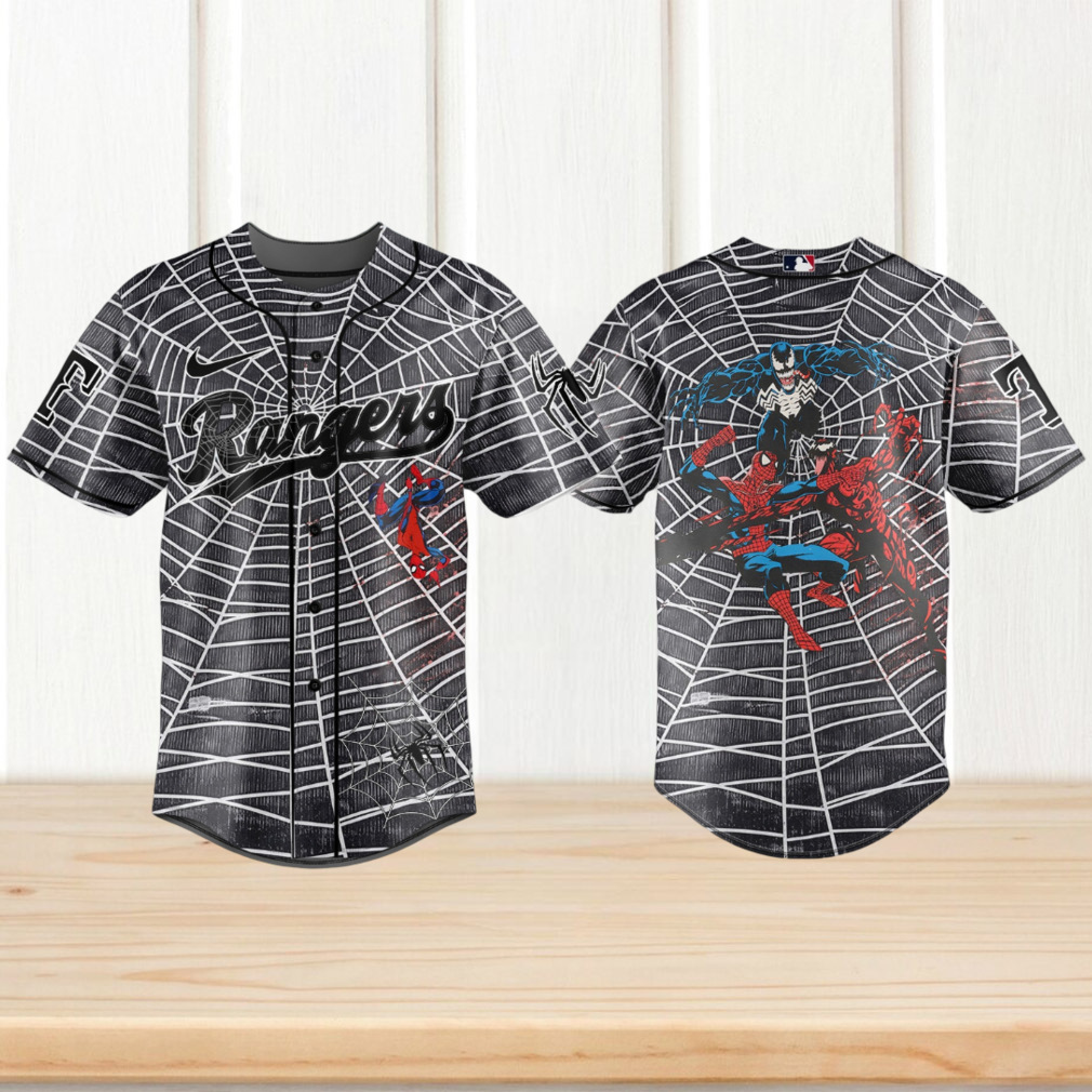 Texas Rangers Spider Man vs Venom Symbiote Black Baseball Jersey Texas Rangers Spider Man vs Venom Symbiote Black Baseball Jersey
