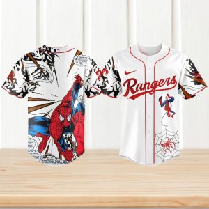 texas rangers spider man comic book art white baseball jersey